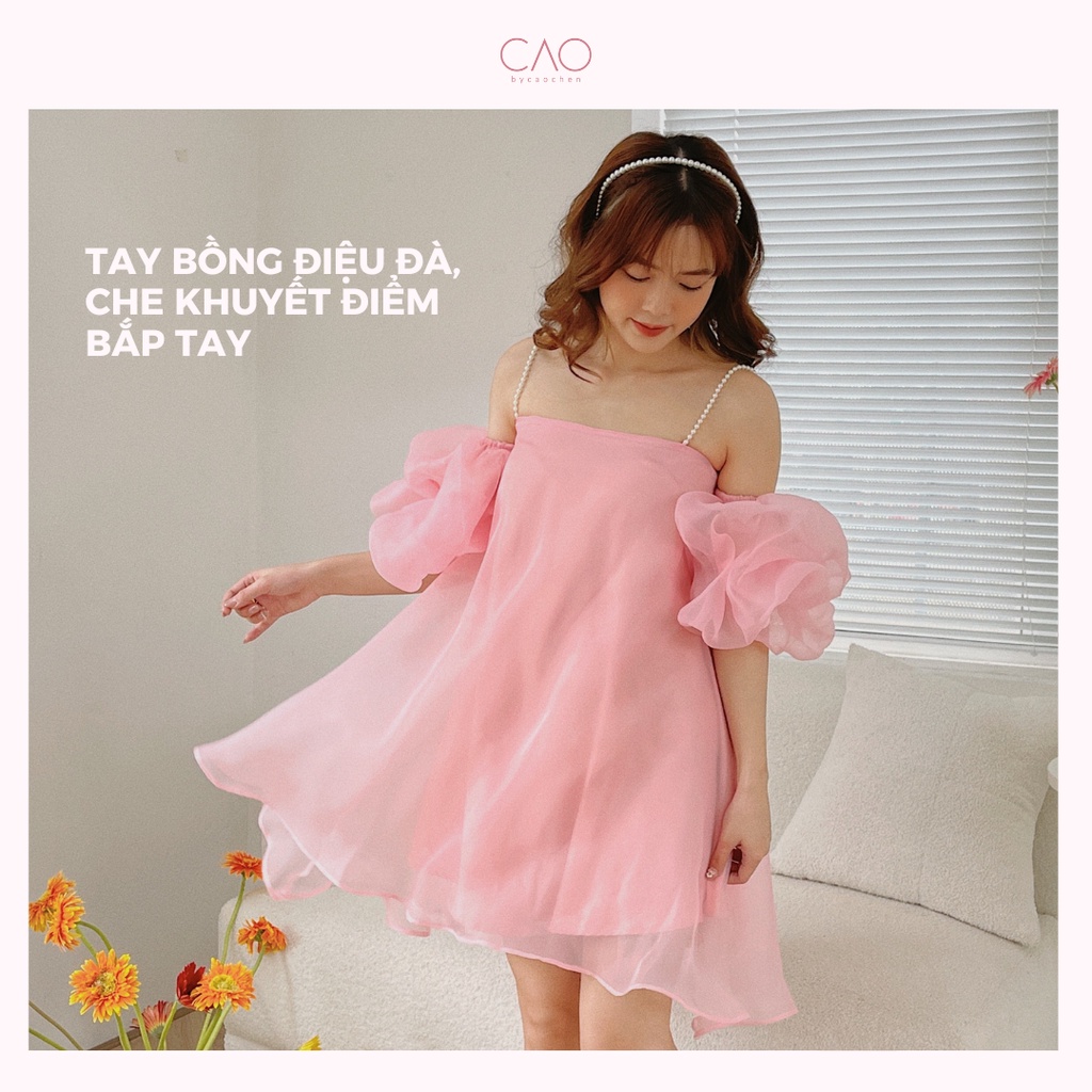 Váy đi chơi jolie dress có bigsize vải voan kính  thiết kế dây cườm ngọc tay bồng caocaobycaochen màu hồng  phấn