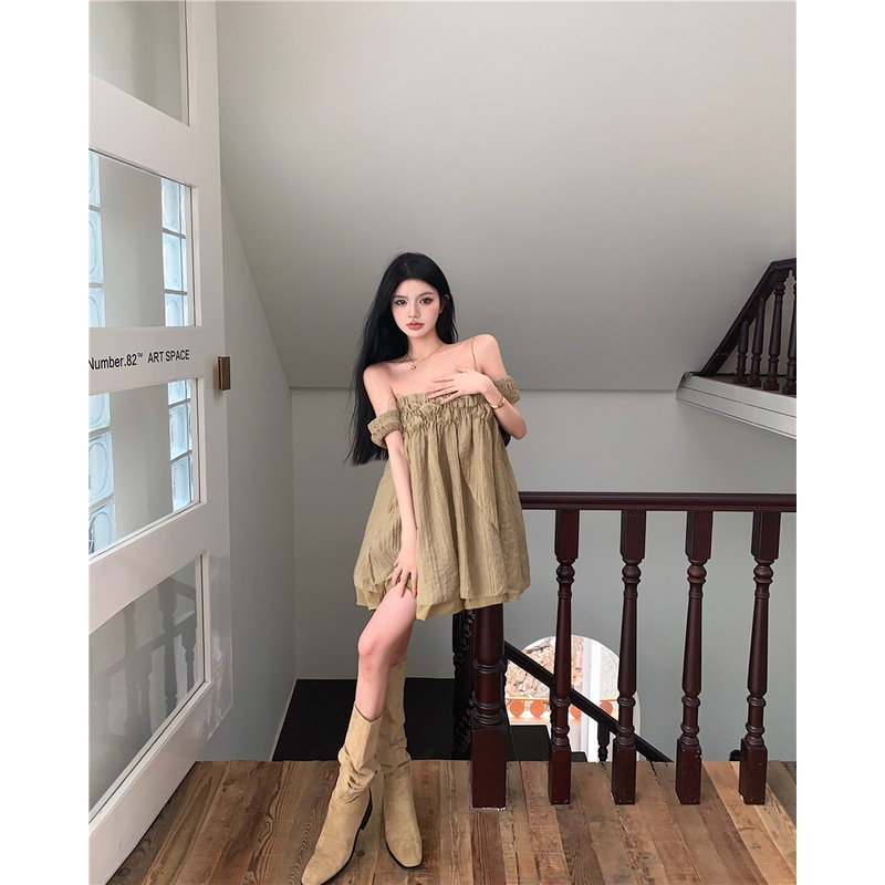 Váy babydoll trễ vai màu rêu cá tính AK3149