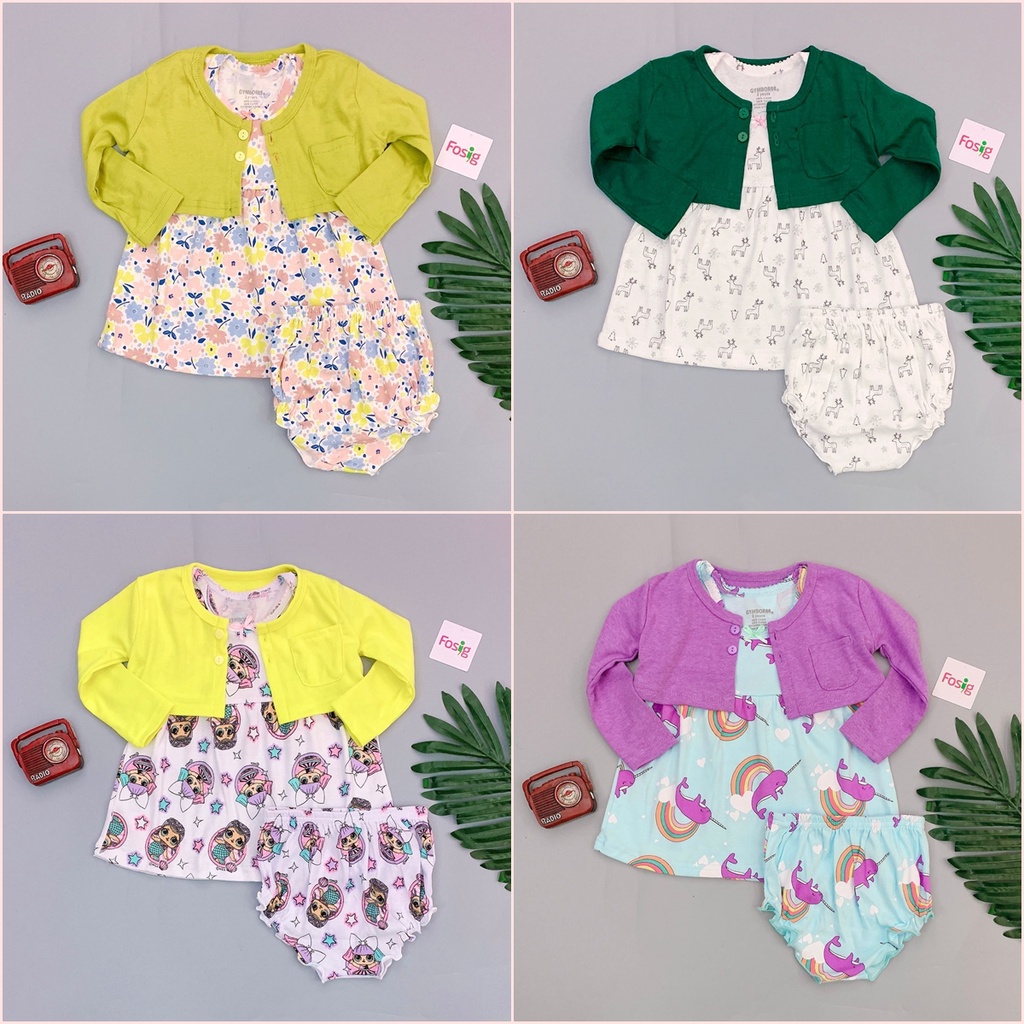 Set 3 Áo Khoác Và Váy Gymboree - Hồng Dạ Quang/Kem, Tím/Cá Heo, Vàng/Em Bé, Vàng Nhạt/Chấm, Xanh Lá/Hươu