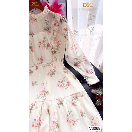 V3069 váy voan xoè hoa màu be dài tay
