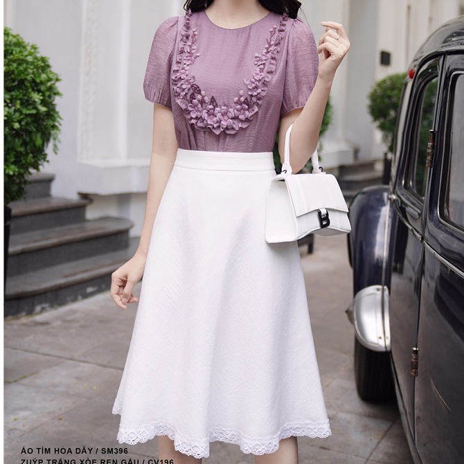 Chân váy nữ thiết kế Hong Vic trắng xòe ren gấu CV196