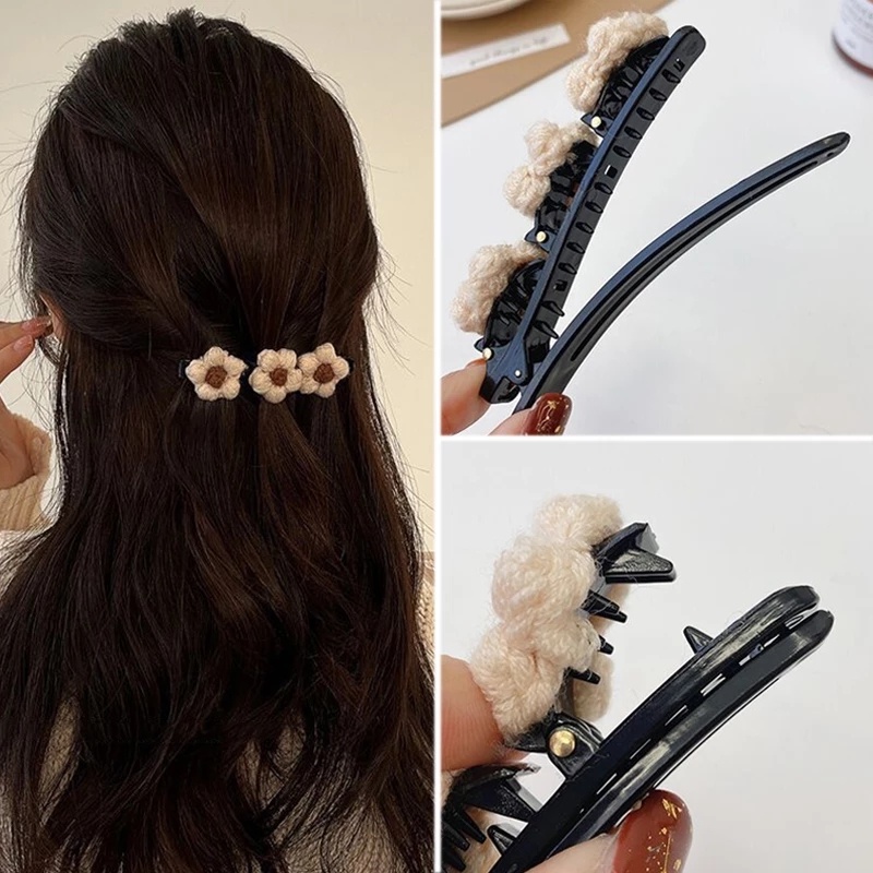 Kẹp Tóc Hoa Lớn Đan Len Màu Tương Phản Phong Cách Hàn Quốc Thời Trang Cho Nữ