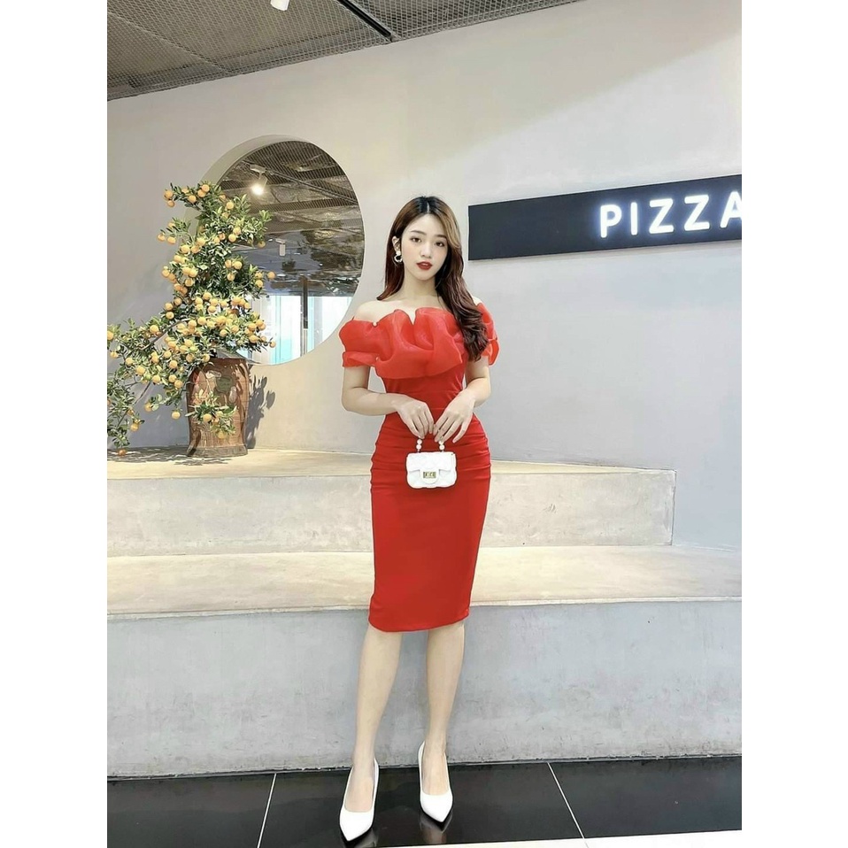 (Miễn Phí Ship) Đầm body thiết kế dự tiệc,đầm trễ vai đính ngọc xếp li tinh tế tôn dáng,chất umi cao cấp có mút