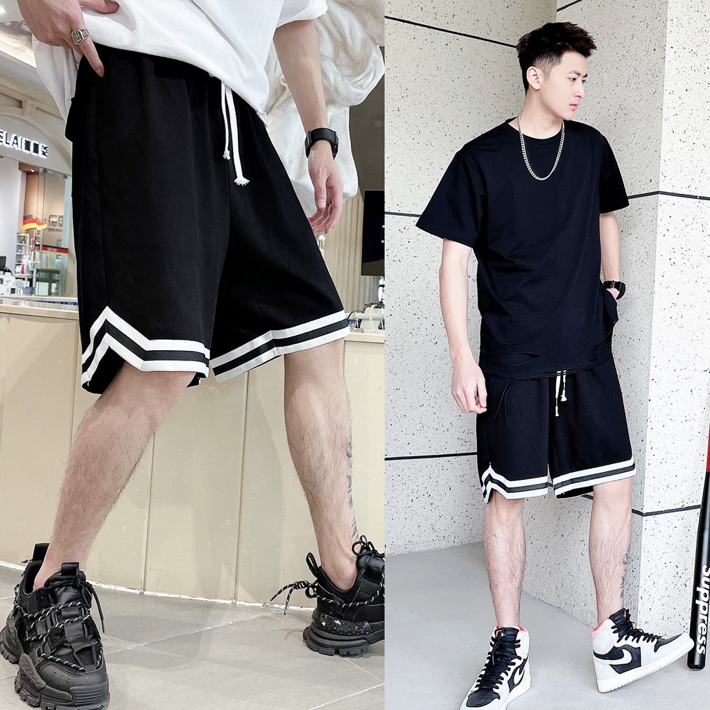 Quần đùi lửng sooc nam nữ đen trắng xẻ V mặc nhà đi ngủ chơi phong cách năng động trẻ trung Q009 ANYASHOP234
