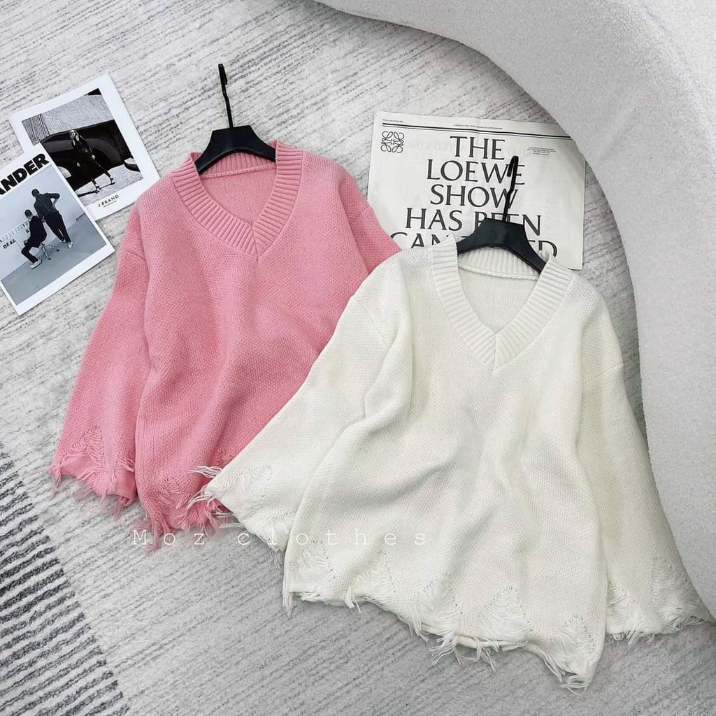 Áo len cổ tim rách tua rua 2 màu hàng QC