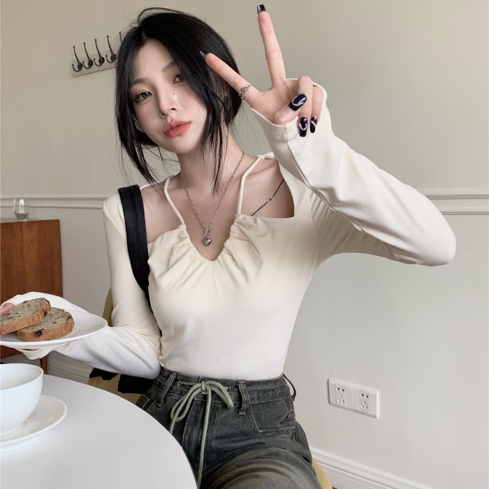 SUXI Áo Croptop Tay Dài Cổ Chữ V Màu Sắc Đơn Giản Cho Nữ