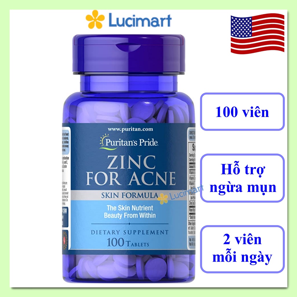 Viên uống Kẽm ngừa mụn Zinc for Acne Puritan s Pride, hũ 100 viên Hàng Mỹ