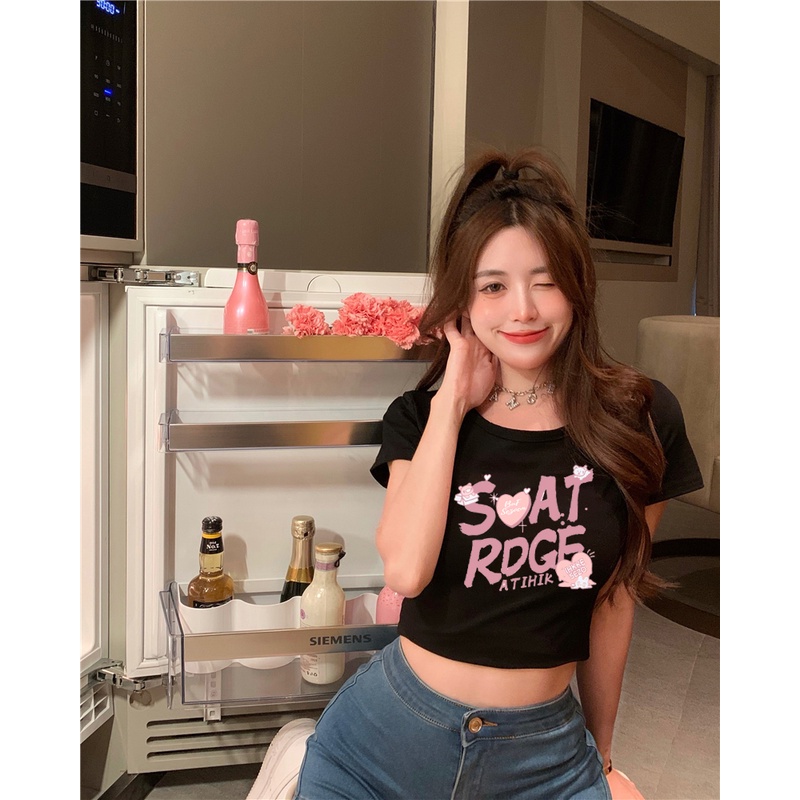 Cocory vn Áo Croptop Tay Ngắn In Chữ Thời Trang