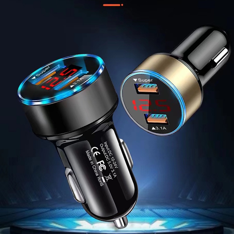 Tẩu sạc điện thoại trên xe ô tô - Tẩu sạc nhanh hai cổng cắm USB gắn bên trong xe hơi