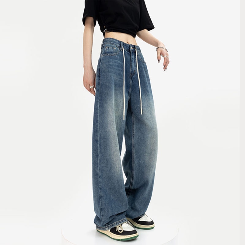 COZOK Quần Jean Lưng Cao Ống Rộng Phối Dây Rút Cá Tính Thời Trang