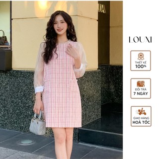 LOUXI - Đầm Tweed hồng kiểu dáng tay phồng xinh xắn, trẻ trung