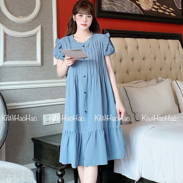 Đầm Bầu Đủi Hàn Cổ V Cách Điệu Dáng Babydoll Thiết Kế Cao Cấp ( Kèm Ảnh Thật )-váy bầu xinh