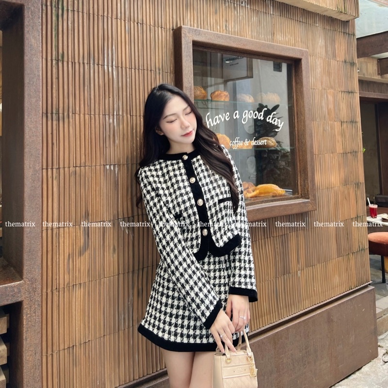 Set dạ tweed kẻ (ảnh thật tự chụp)