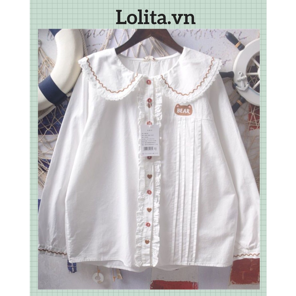 Áo sơ mi dài tay cổ sen in thêu gấu cute