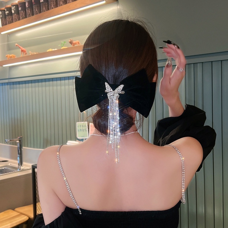 Kẹp Tóc Hình Nơ Màu Đỏ Rượu Vang Đính Kim Cương Giả Thời Trang Cho Nữ