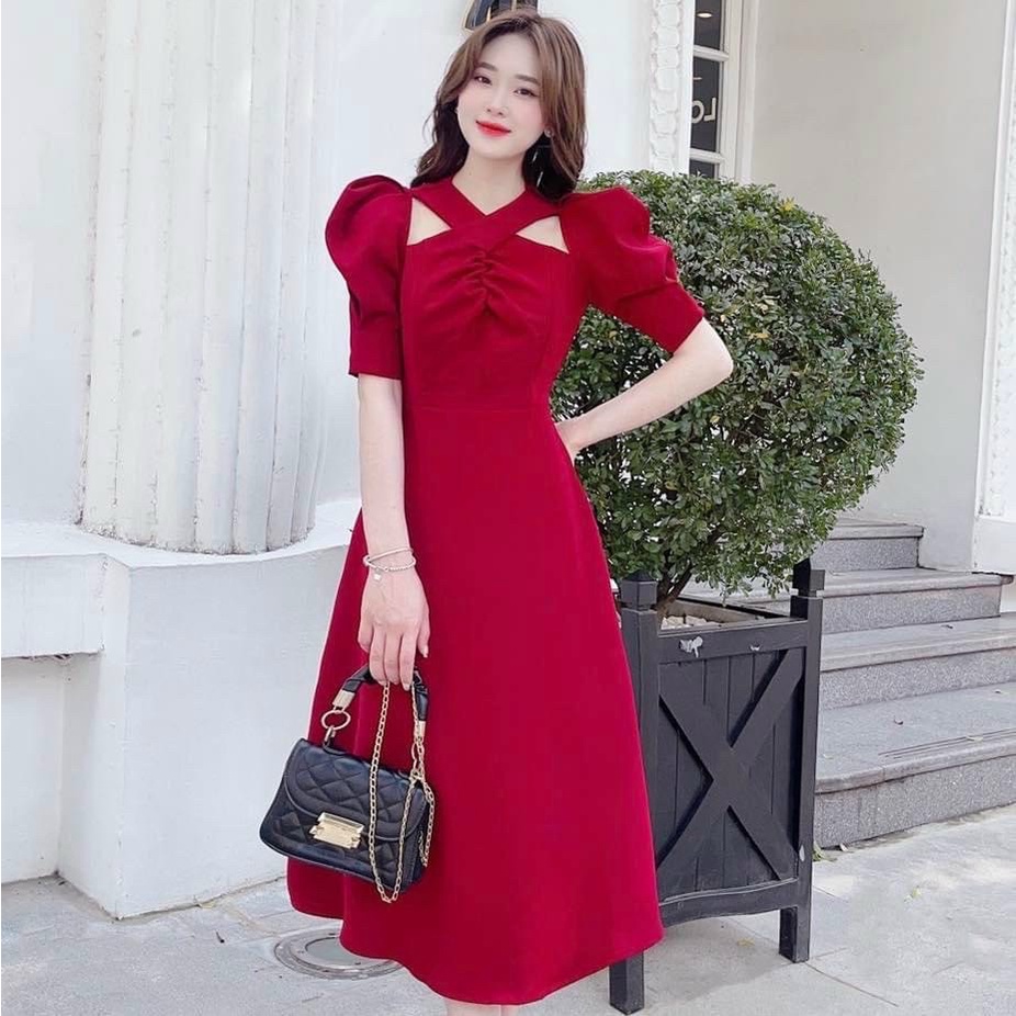 Đầm váy freesize đỏ chéo cổ nhúng ngực