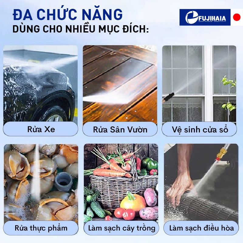 Máy rửa xe mô tơ cảm ứng từ FUJIHAIA PW96E áp lực nước 130bar - Đồng hồ chỉnh áp - Dây phun xịt 20m - Bảo hành 18 tháng