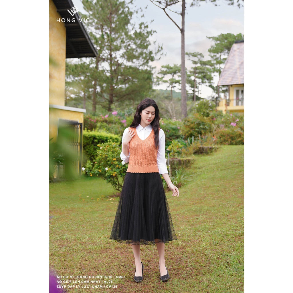 Chân váy nữ thiết kế Hong Vic dập ly lưới chấm CV139