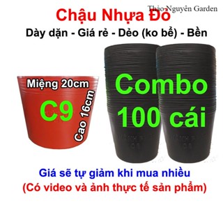 Bộ 100 Chậu nhựa đỏ C9 (20x16cm) Liên An trồng hoa Vạn Thọ Tết, trồng rau, trồng cây | Thảo Nguyên Garden
