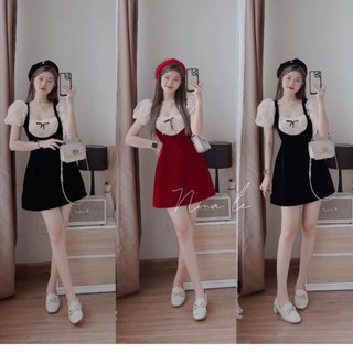 Đầm mini nhung phối ren nổi đen - đỏ