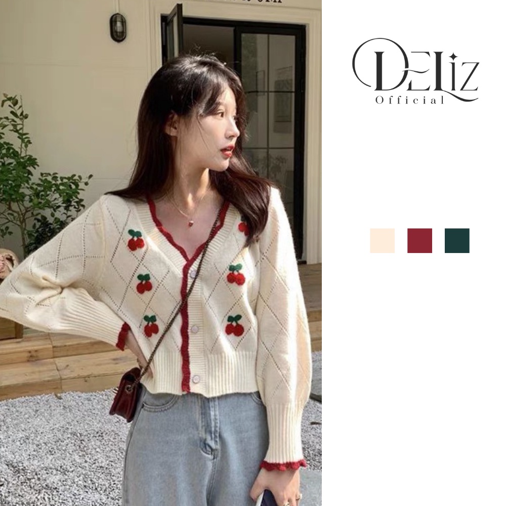 Áo khoác cardigan len cổ tròn dáng ngắn croptop khuy ngọc sang chảnh DELIZ nhiều màu trơn kiểu basic hàn quốc