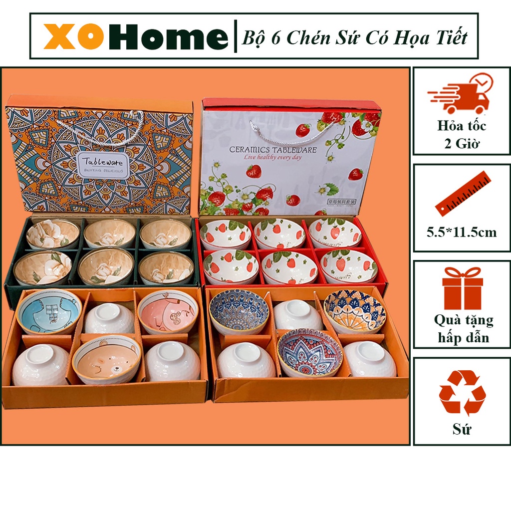 Bộ 6 chén ăn cơm sứ đẹp in hình thổ cẩm 11.5x6 cm, Bát ăn cơm đẹp có kèm đũa