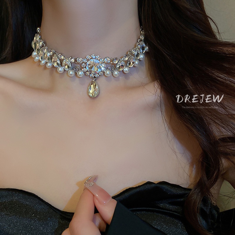 Vòng Cổ choker Đính Đá Ngọc Trai Hình Giọt Nước Phong Cách Sang Trọng Dành Cho Nữ