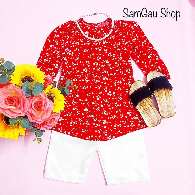 Áo Dài Tết Hoa Nhí cho bé gái màu Xanh Đỏ Vàng Hồng xinh yêu