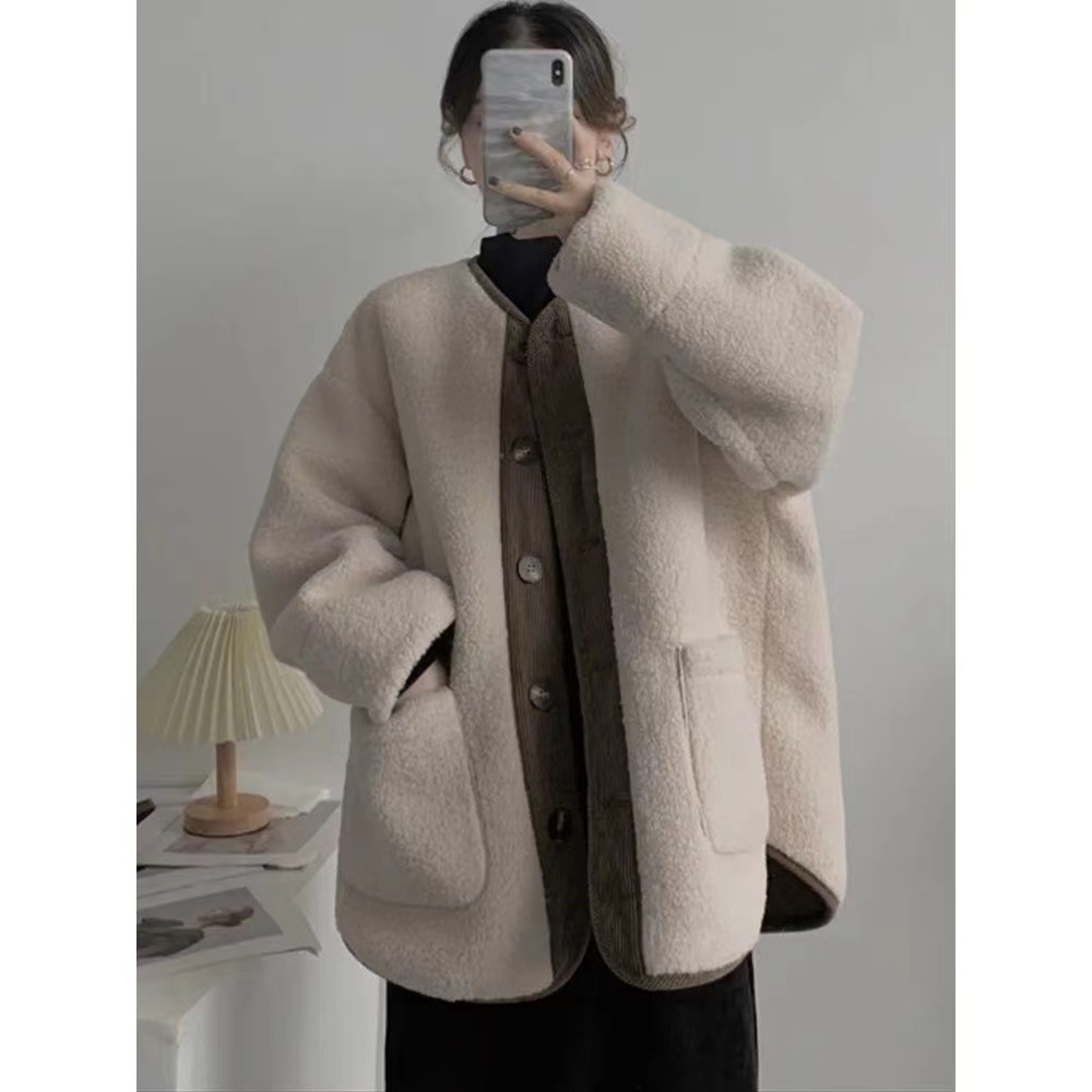 Áo Khoác Lông Cừu Dày Dặn Màu Sắc Retro Thời Trang Mùa Đông Cho Nữ