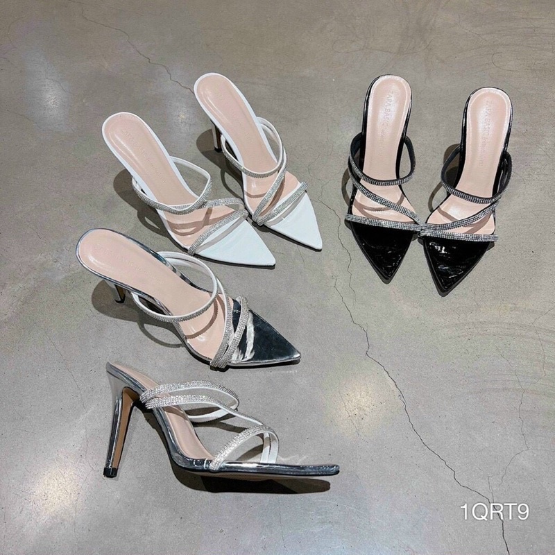 👠Ảnh Thật👠 Dép cao gót quai mảnh đá chéo mũi nhọn gót nhọn 9cm