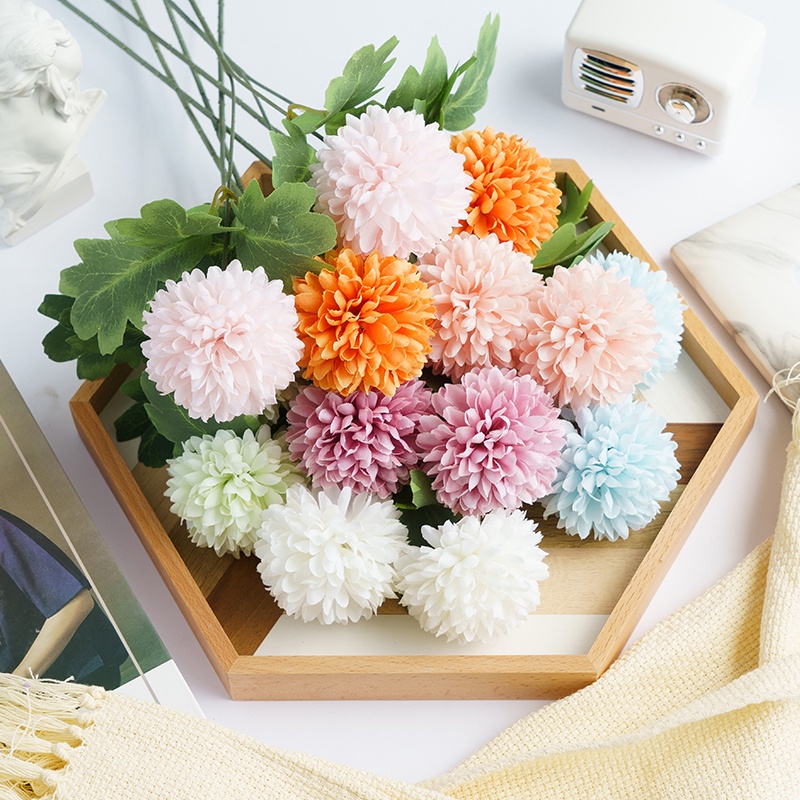 Hoa giả hoa cúc ping pon lụa cao cấp 1 cành 3 bông dùng cắm bình hoa trang trí tết decor nhà cửa siêu đẹp