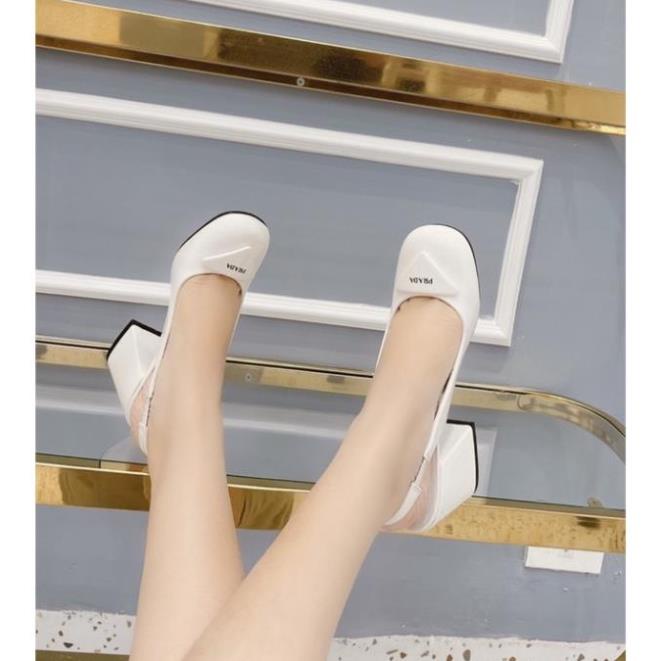 giày sandal nữ cao gót vuông 7cm prada bít mũi tròn da bóng cao cấp (fullbox Bill túi ) JKH -