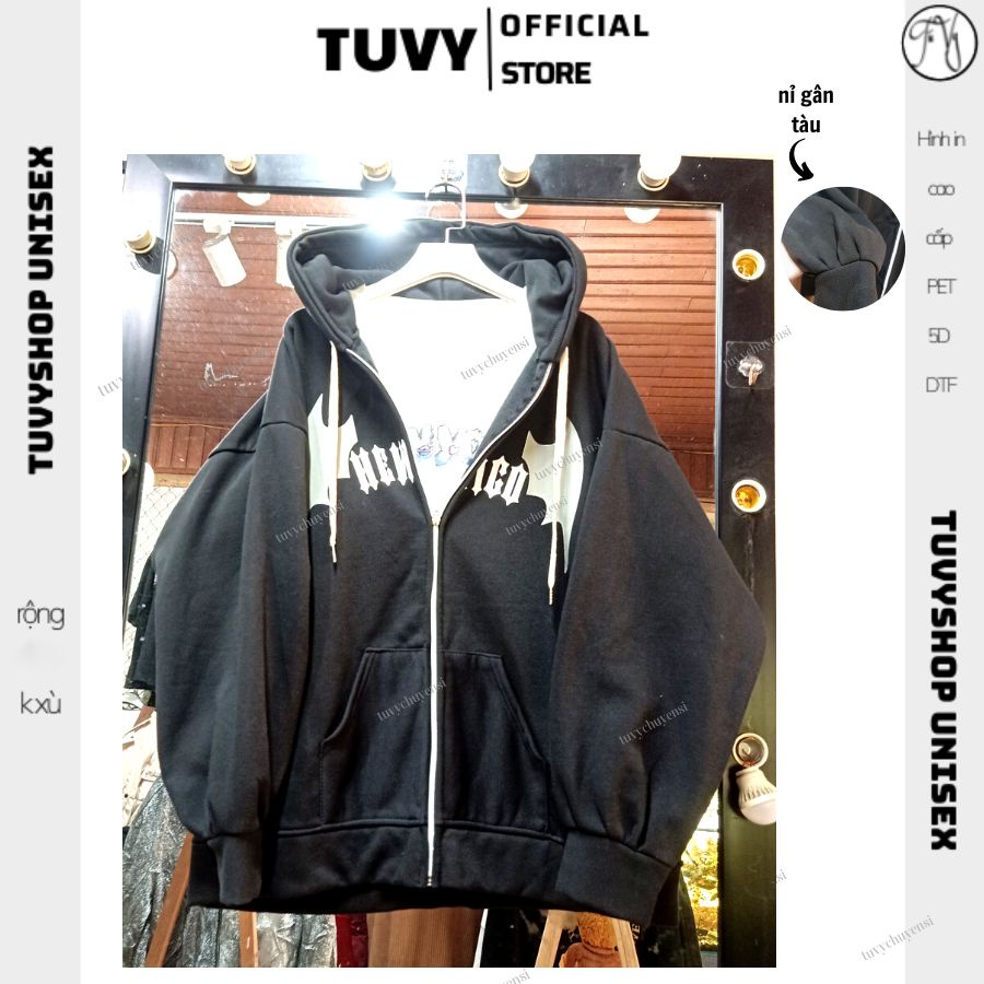 Áo khoác hoodie zip TUVY mũ sừng 2 lớp dày trùm đầu vải nỉ gân ngoại nặng ấm có khoá kéo form rộng nam nữ unisex màu đen
