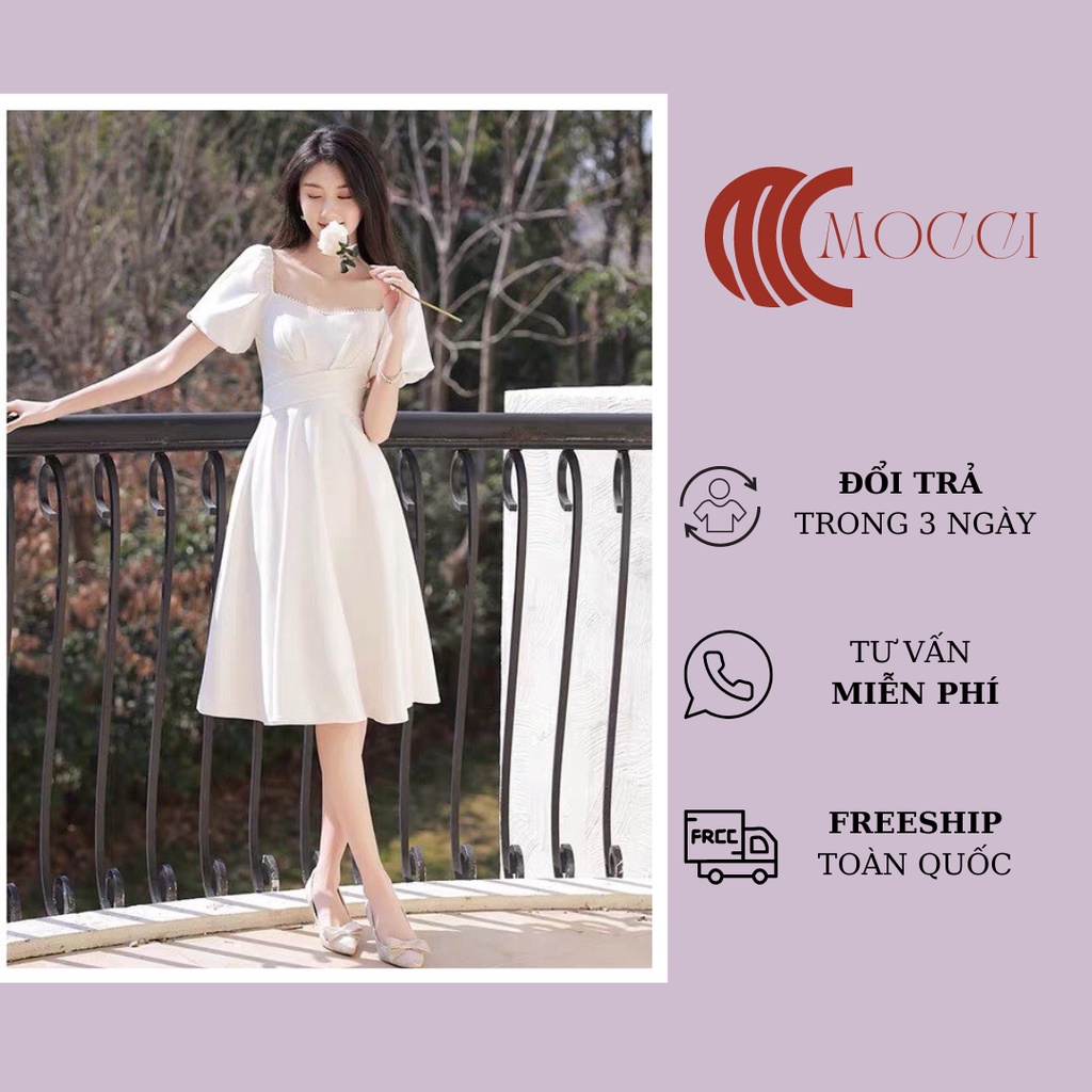 Váy trắng cổ vuông dáng dài sang chảnh, đầm cô dâu đi bàn đơn giản, nhẹ nhàng MV001