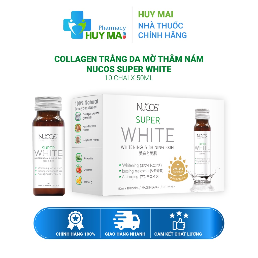 Collagen uống trắng da mờ thâm nám Nucos Super White 50ml x 10 chai