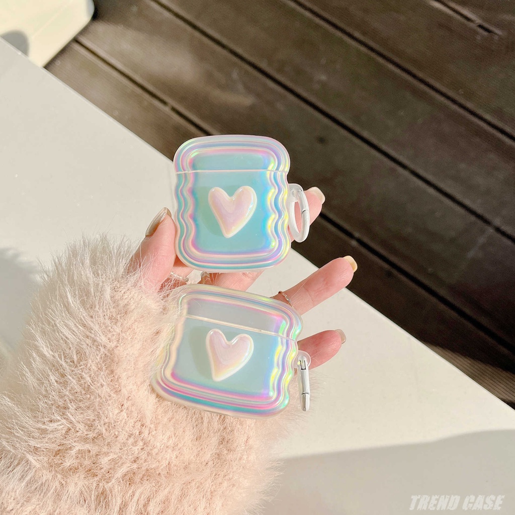 Vỏ Bảo Vệ Hộp Sạc Tai Nghe AirPods 2 3 Pro Bằng Silicon Mềm Màu Laser Họa Tiết Trái Tim 3D Dễ Thương Kèm Móc Khóa Tiện