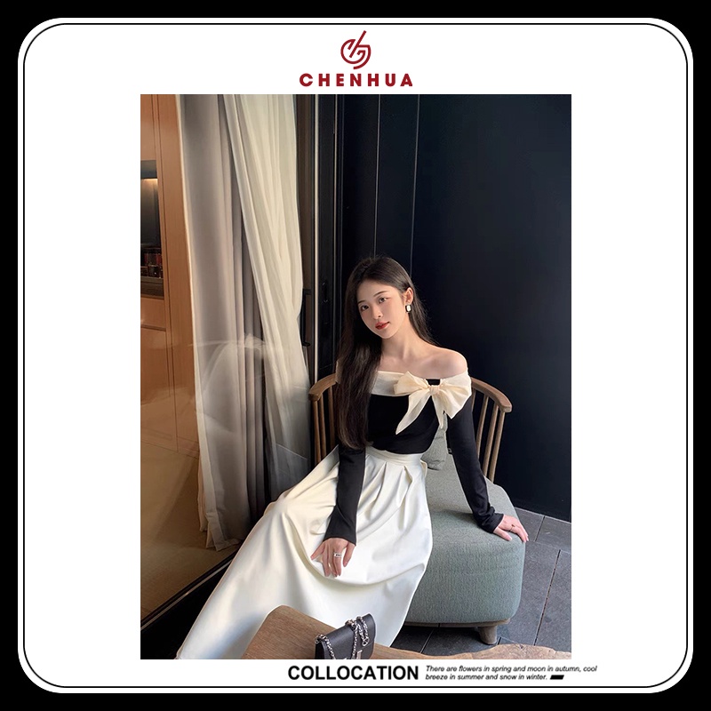 Set tiểu thư áo len tăm nơ vai mix chân váy midi xếp ly dáng dài  VN09