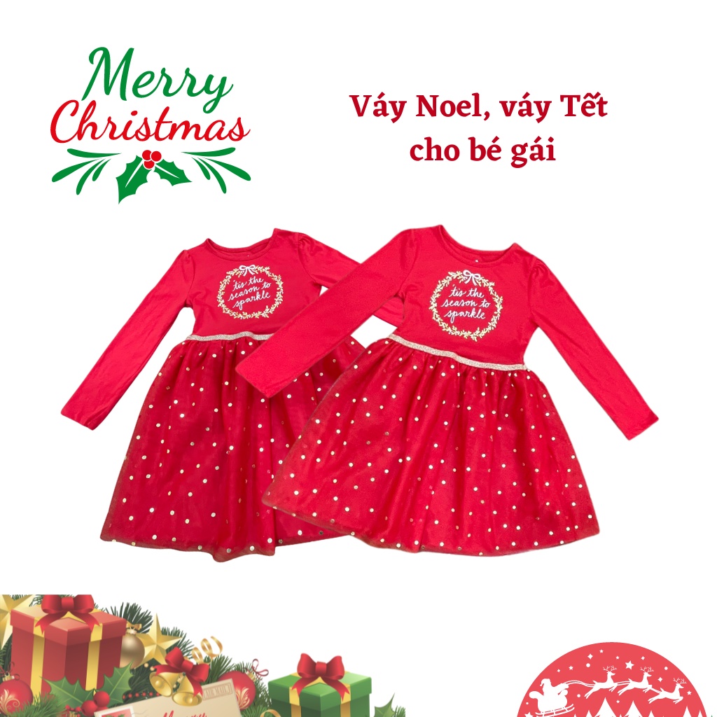 Váy Noel, váy Tết dài tay cho bé từ 4 - 12 tuổi