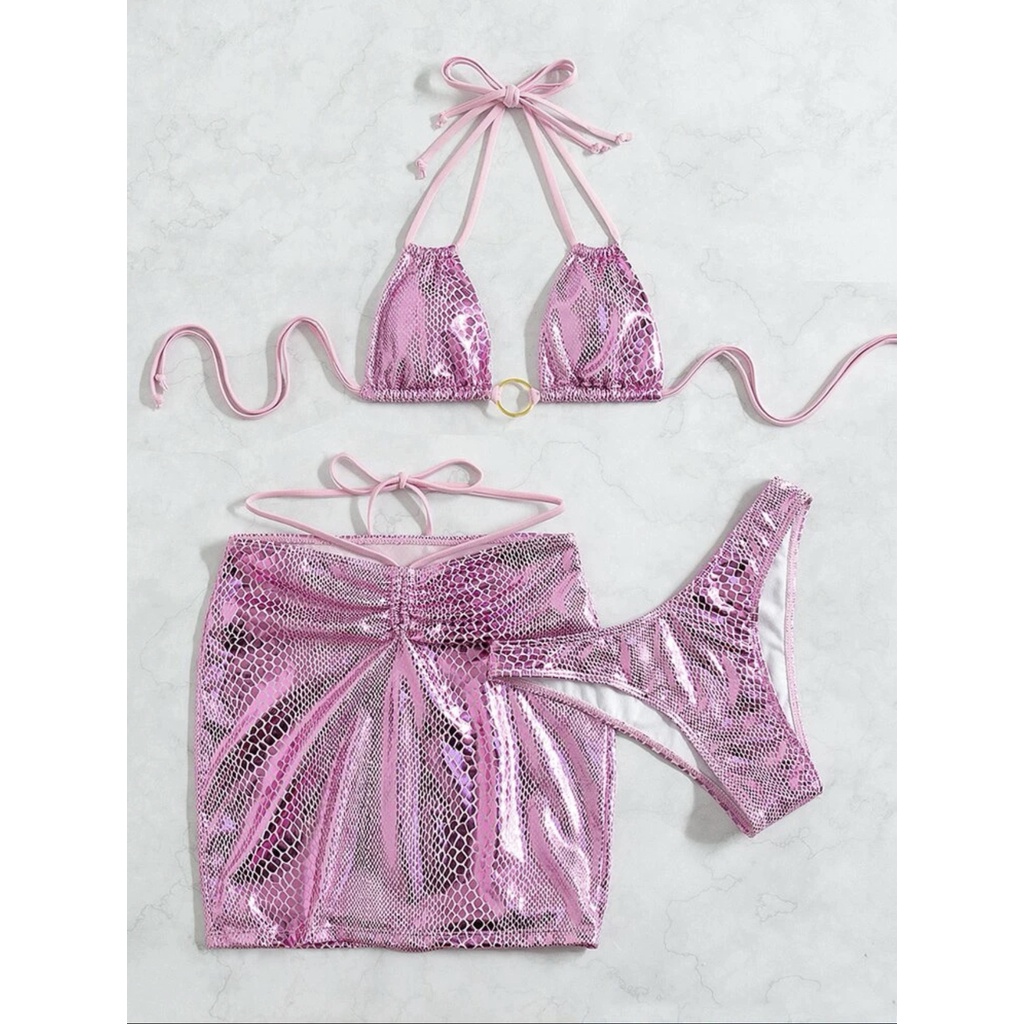 SET BIKINI 3 MÓN HỒNG DA RẮN KHUY TRÒN KÈM CHÂN VÁY