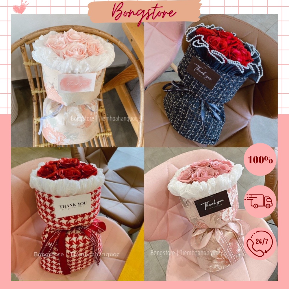 Bó hoa sáp Kèm Túi gói vải dạ tweed và giấy gấm làm quà tặng sinh nhật, ngày của mẹ, 20/10