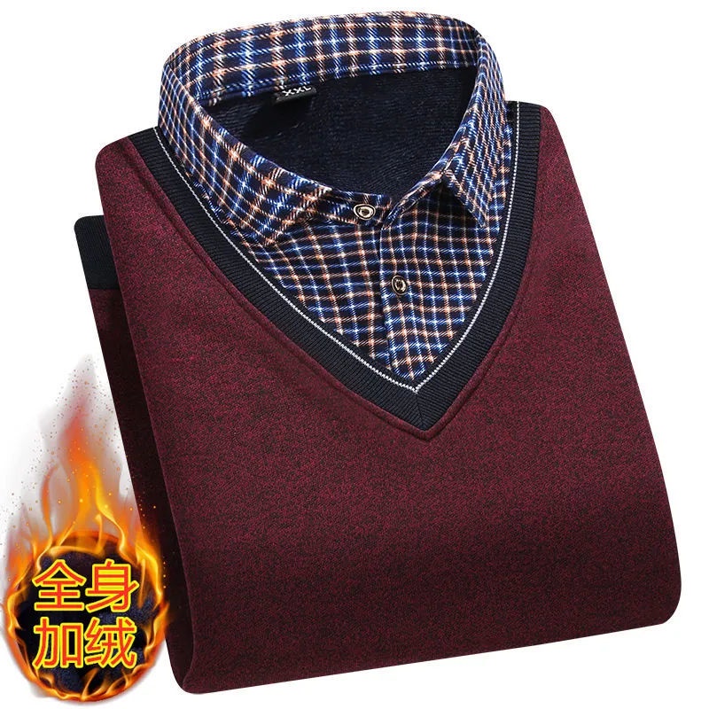 Áo Sweater Giả Hai Lớp Lót Lông Cừu Dày Dặn Phong Cách Mới Mùa Đông Cho Nam Trung Niên