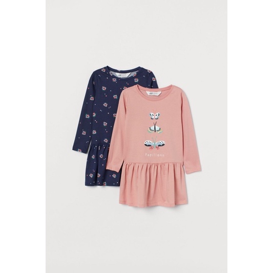 Set gồm 2 váy dài tay hoạ tiết hoa nhí hồng xanh đậm cho bé gái săn sale China sz 6-8y