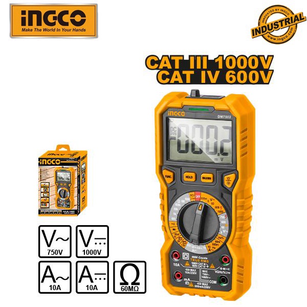Đồng hồ vạn năng kỹ thuật số INGCO DM7502 | Đồng hồ đo điện vạn năng Màn hình LCD, số đếm 6000 Điện áp DC 600mV/6V/60V/6