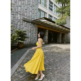 Đầm lụa 2 dây họa tiết khoét eo có mút , dáng maxi mặc bánh bèo dễ thương , 3 màu trắng đen vàng