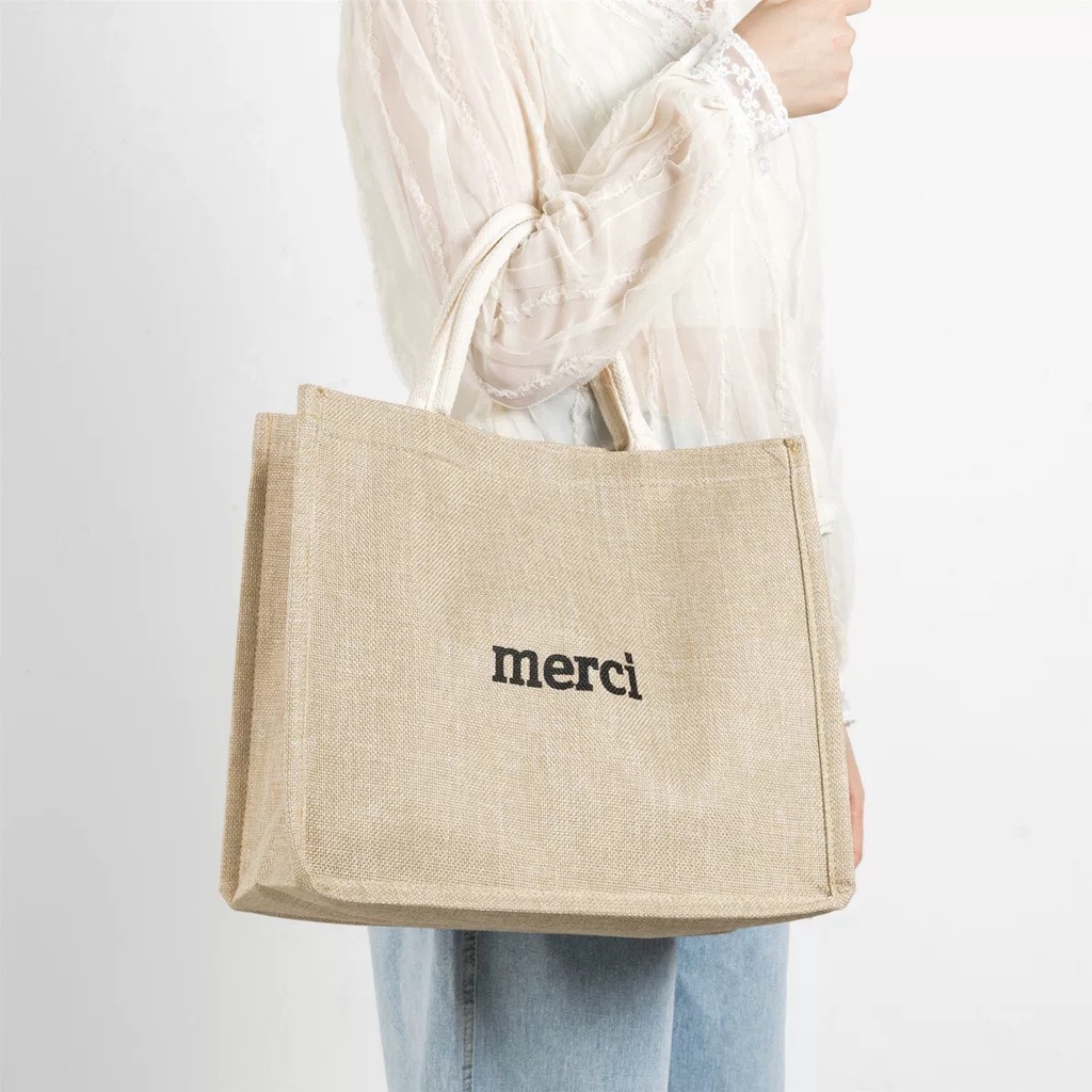 Túi Cói Vintage Merci Loại 1 màu sáng, có đáy giữ form túi, Size Lớn Vải Bố Lanh Cao Cấp Hàn Quốc - Phụ Kiện Sarah