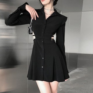 (Hàng order ) Váy sơ mi đen khoét eo phối cổ tay xoè