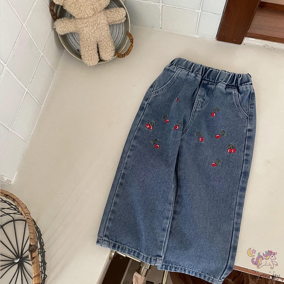 Quần Jean Dài Dáng Suông Rộng Lưng Thun Thêu Hình Cherry Kiểu Hàn Quốc Dễ Thương Cho Bé Gái
