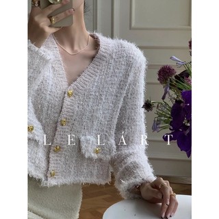 Áo len lông cardigan trắng cổ v dáng croptop
