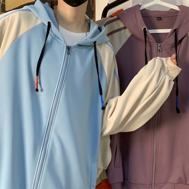 Áo Khoác Hoodie Dáng Rộng Có Khóa Kéo Phối Màu Sắc Tương Phản Phong Cách Harajuku Cho Nam