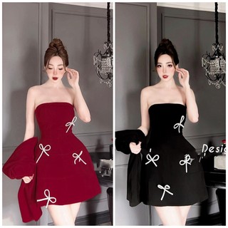 Set đầm ống đính đá nơ kèm khoác croptop